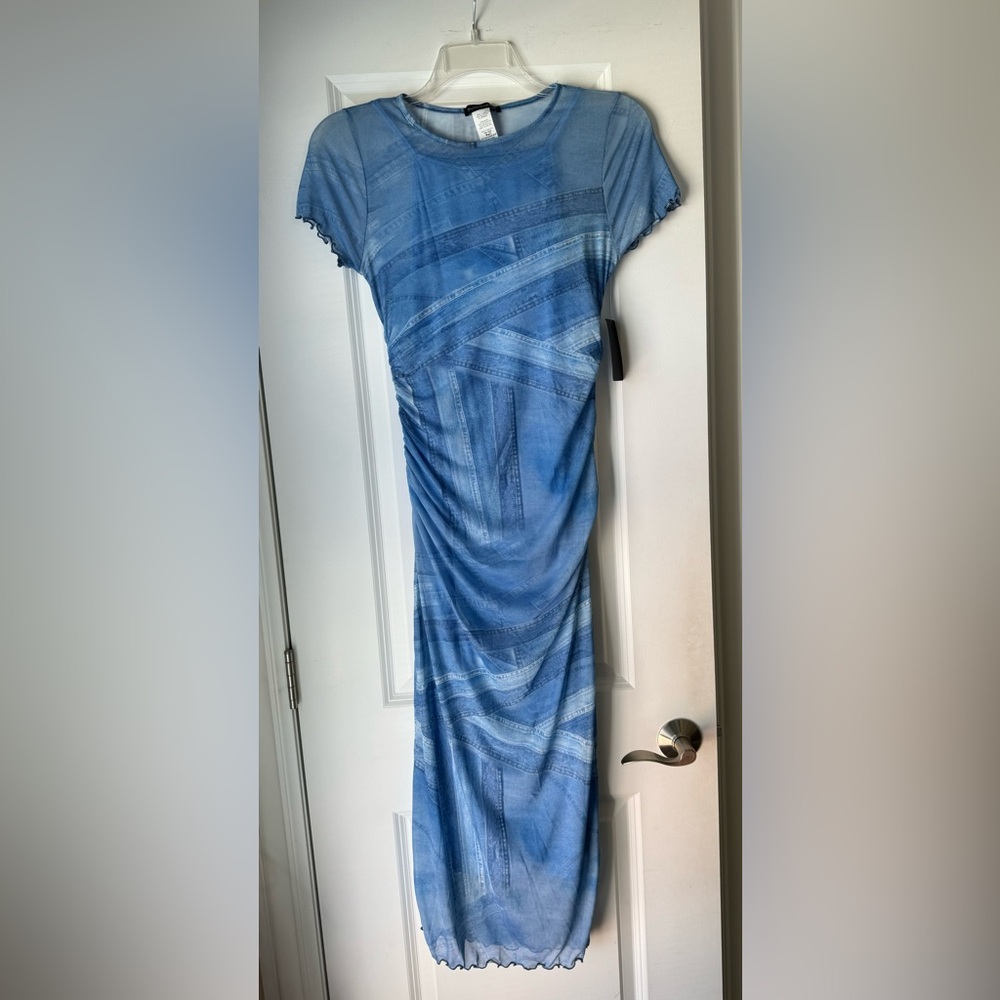 Denim Print Long Blue Mesh Dress - M
